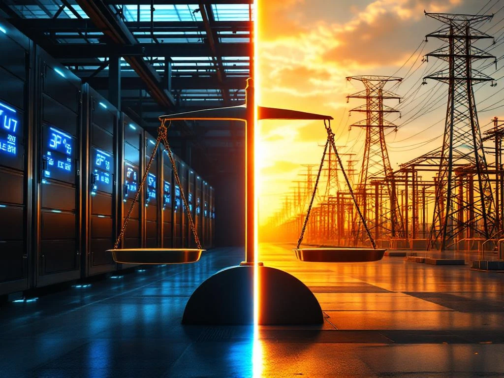 Industriële batterijopslag met blauwe LED-indicatoren tegenover traditionele elektrische infrastructuur met hoogspanningstransformatoren