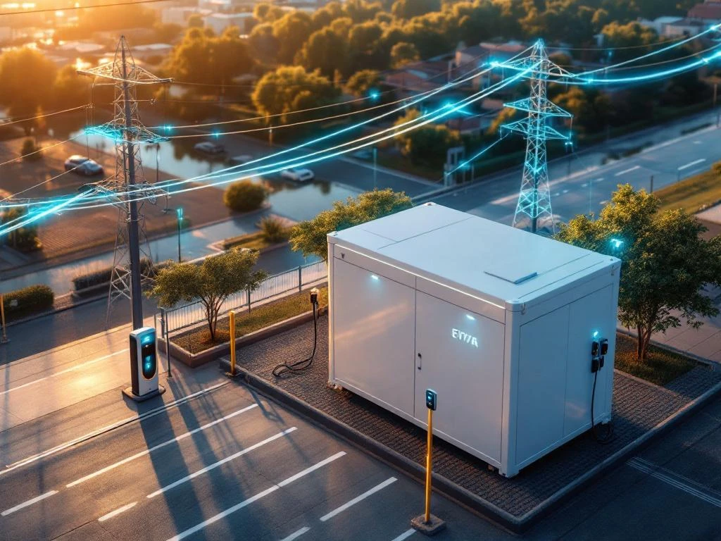 Batterij-gebaseerd snellaadstation voor elektrische auto's met slimme energieverdeling en LED-indicatoren bij zonsopgang