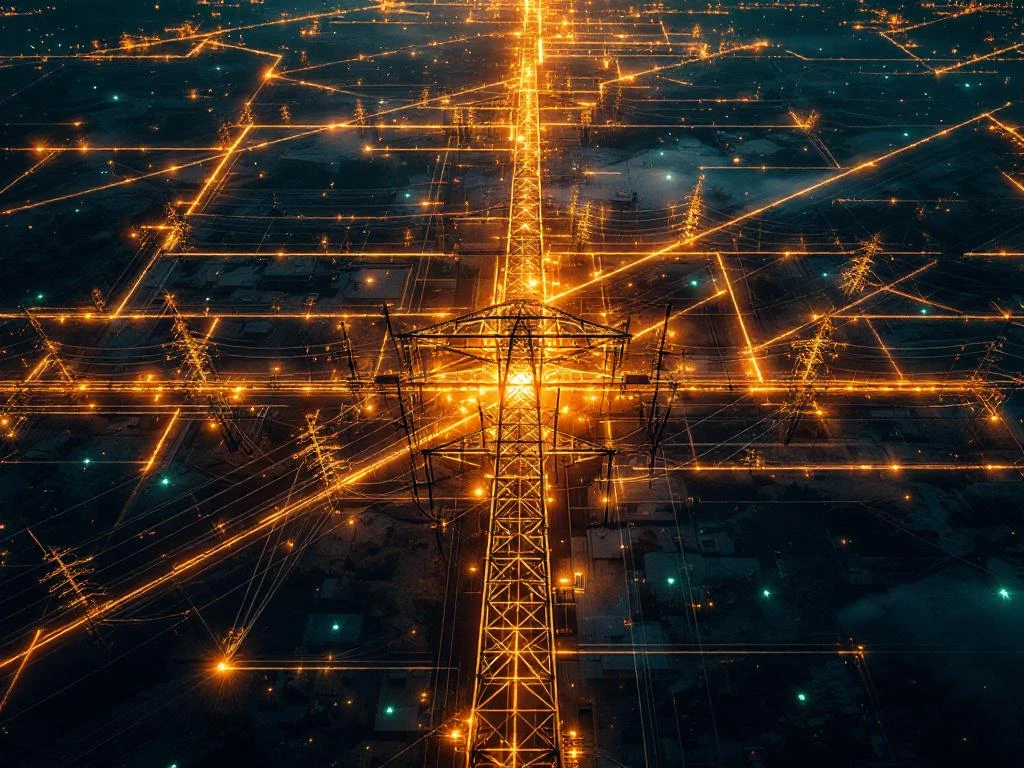 Overbelast elektrisch stroomnet met oranje hoogspanningslijnen en groene duurzame energie-oplossingen aan de randen
