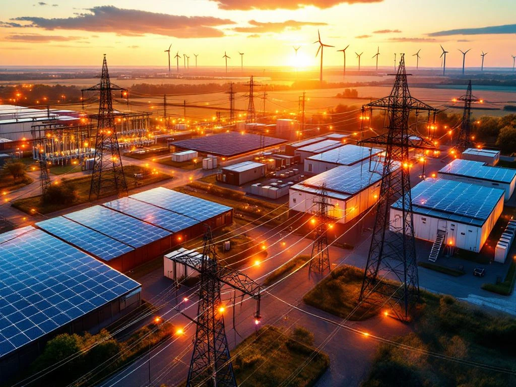 Luchtfoto van elektrisch onderstation met zonnepanelen, batterijopslag en windturbines in Nederlands landschap