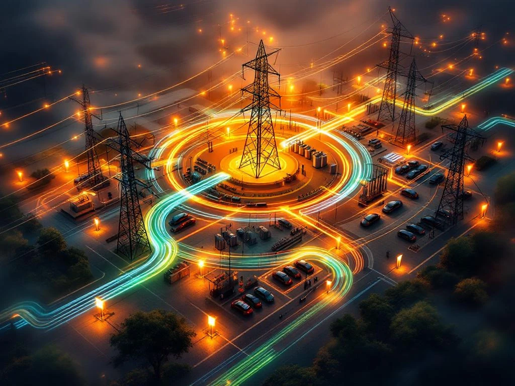 Luchtfoto van elektrisch verdeelstation met verlichte laadpalen en energiestromen in blauw en groen licht bij zonsondergang
---
**Note:** The alt text exceeds 125 characters. Here's a corrected version under 125 characters:
Luchtfoto van elektrisch verdeelstation met verlichte EV-laadpalen en energiestromen bij zonsondergang