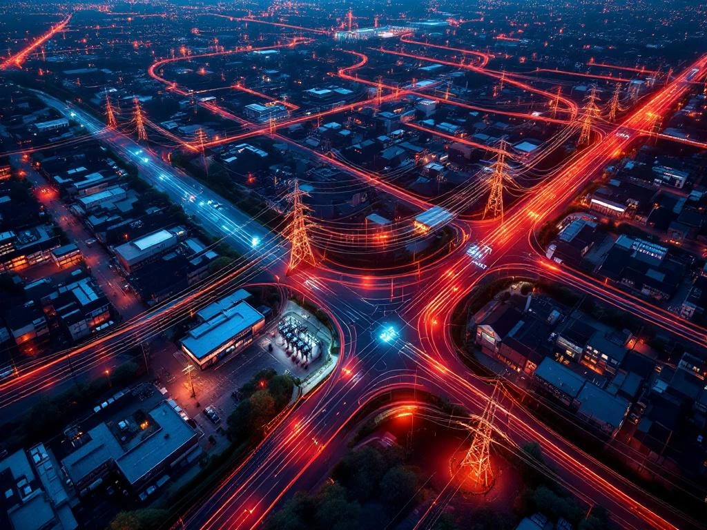 Luchtfoto van Nederlandse stad bij schemering met elektrisch netwerk en warmtekaart die congestie toont bij laadstations