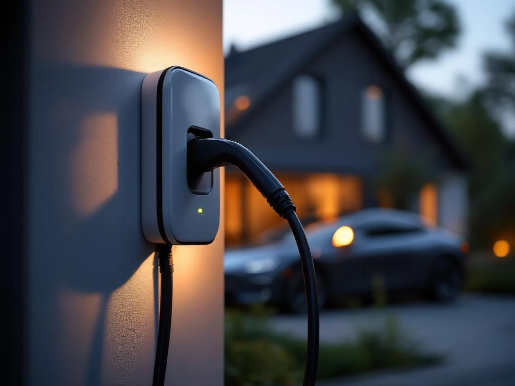 Elektrische auto oplaadkabel aangesloten op witte thuislaadpaal aan moderne Nederlandse woning bij avondlicht