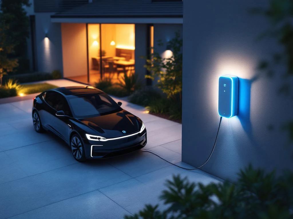 Elektrische auto aan laadstation op oprit bij schemering met verlichte woning op achtergrond