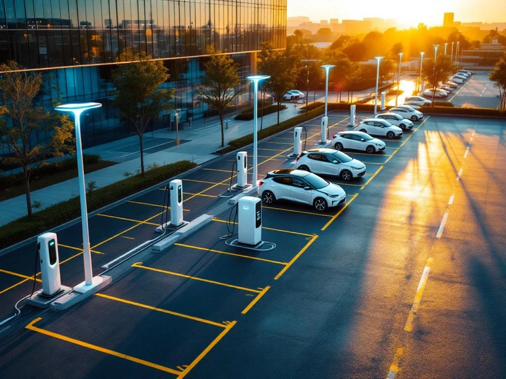 Elektrische bedrijfsvoertuigen opladen bij moderne laadstations op zakelijk parkeerterrein tijdens gouden uur