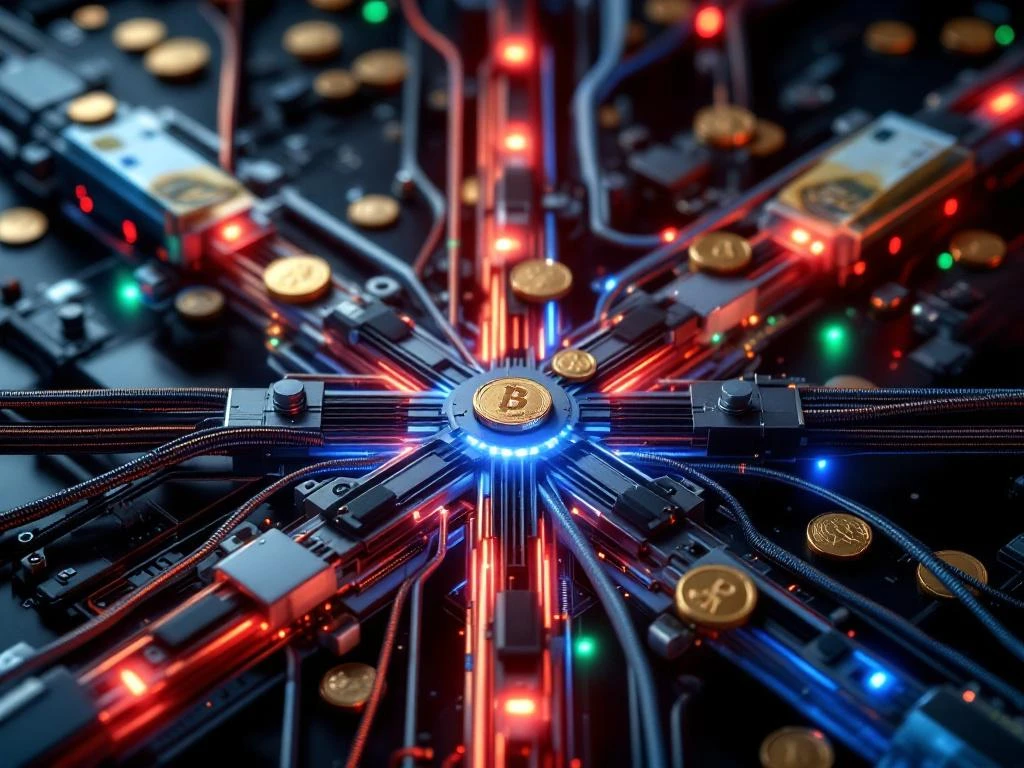 Elektrisch netwerkknooppunt van bovenaf met stroomkabels, gloeiende energie-indicatoren en geïntegreerde munten en bankbiljetten
