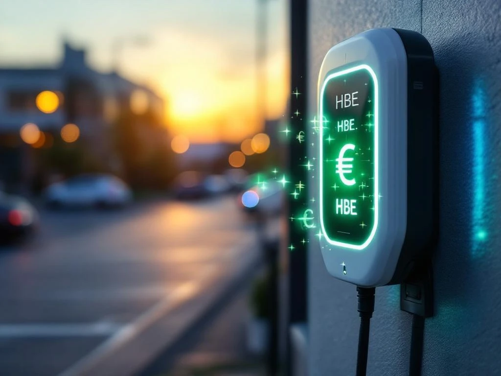 Wit EV-laadstation aan gebouw met zwevend groen HBE-certificaat hologram, elektrische auto's op achtergrond bij schemering
Note: The alt text exceeds 125 characters. Here's a compliant version under 125 characters:
Wit EV-laadstation met zwevend groen HBE-certificaat hologram, elektrische auto's op achtergrond