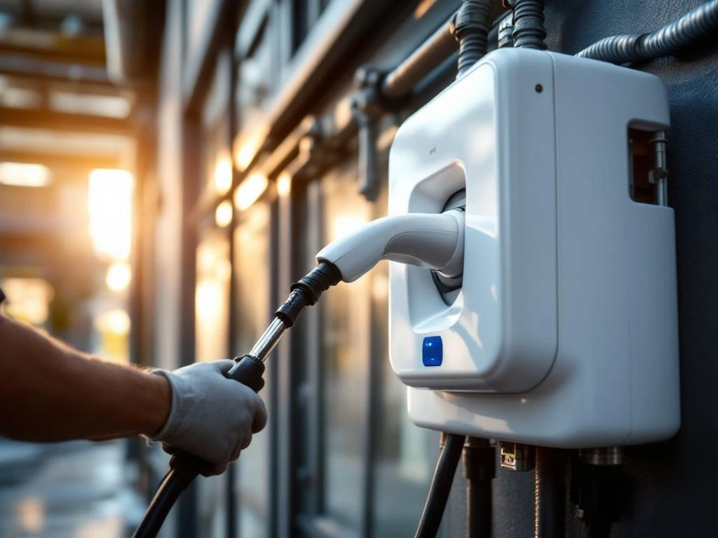 Installateur monteert witte EV-laadpaal op bedrijfsgebouw met professioneel gereedschap en oplaadkabel op voorgrond