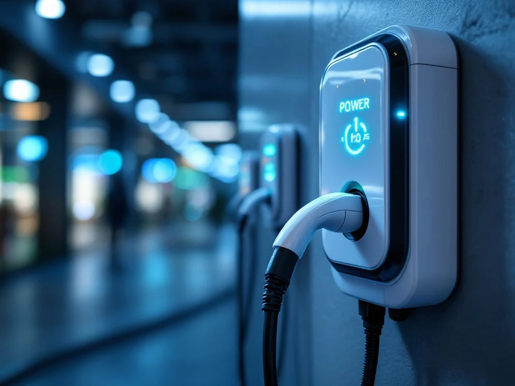 Moderne witte EV-laadpaal met verlichte LED-indicatoren en oplaadkabel aangesloten op elektrische auto bij zakelijk pand