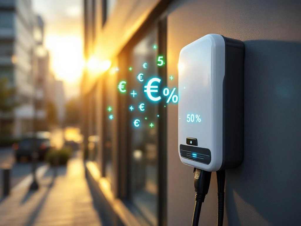Wit EV-laadstation op kantoorgebouw bij zonsondergang met holografische euro- en percentagesymbolen in groen en blauw