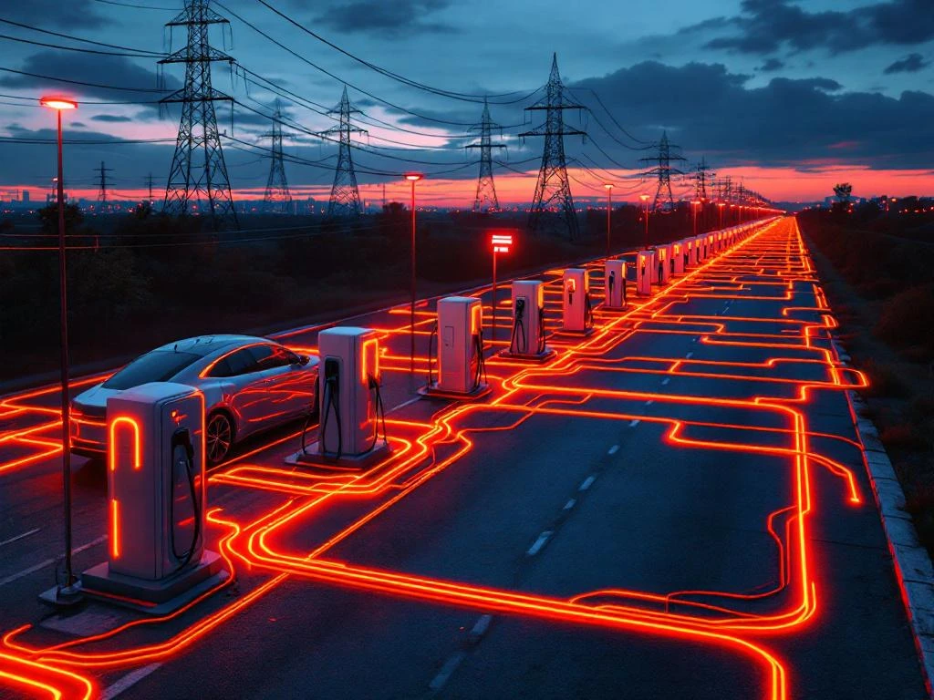 Elektrische voertuigen laadstation bij schemering met verlichte oplaadkabels en elektriciteitsnet infrastructuur
Note: This is 119 characters including spaces.