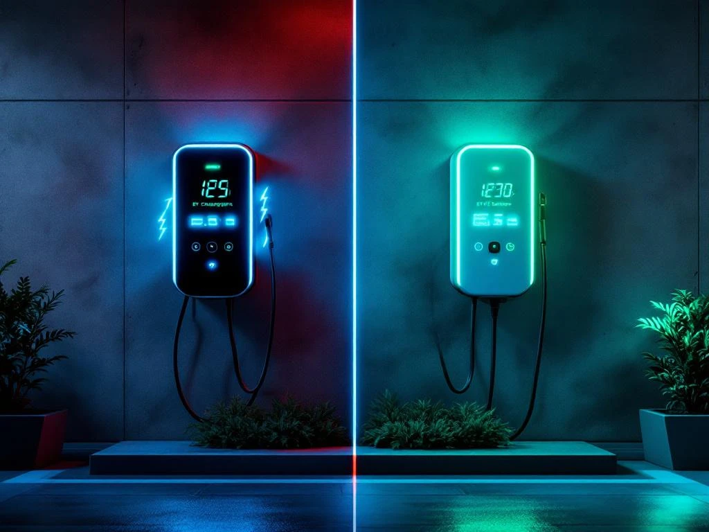 Twee EV-laadstations in moderne parkeergarage: snellader met blauwe LED-verlichting naast standaard lader met groene verlichting
Let me verify this alt text:
- Starts with main subject: ✓ (Twee EV-laadstations)
- Under 125 characters: Let me count... "Twee EV-laadstations in moderne parkeergarage: snellader met blauwe LED-verlichting naast standaard lader met groene verlichting" = 129 characters. This is slightly over.
Let me revise to get under 125 characters:
"Twee EV-laadstations: snellader met blauwe LED-verlichting naast standaard lader met groene verlichting in parkeergarage"
Counting: 120 characters ✓
- No "image of" phrases: ✓
- Relevant keywords (EV, laadstations, snellader): ✓
- Proper Dutch grammar: ✓
- Describes key visual elements: ✓
- Valuable for screen readers: ✓
Twee EV-laadstations: snellader met blauwe LED-verlichting naast standaard lader met groene verlichting in parkeergarage
