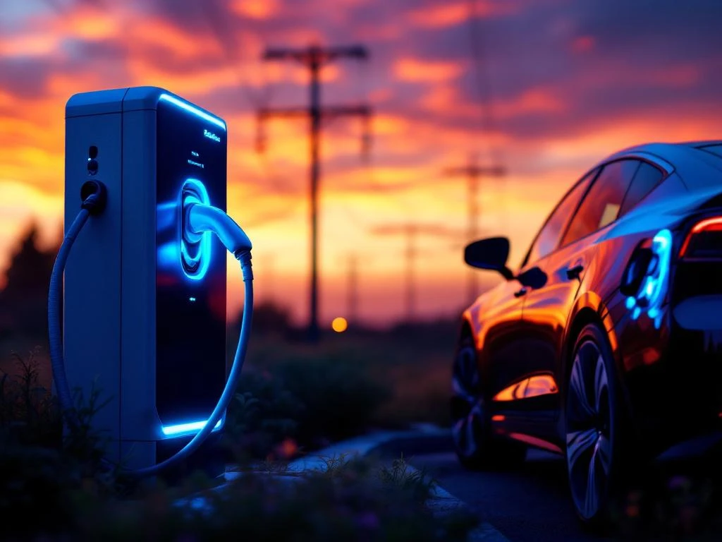 Ultrasnelle EV-laadpaal met blauwe kabel aan elektrische auto bij schemering, met moderne batterij-opslageenheid