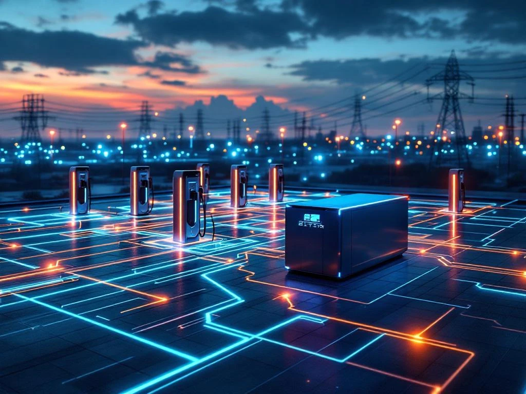 Elektrische voertuigen opladen bij moderne snellaadstations met batterijopslag en stroomnetinfrastructuur bij schemering