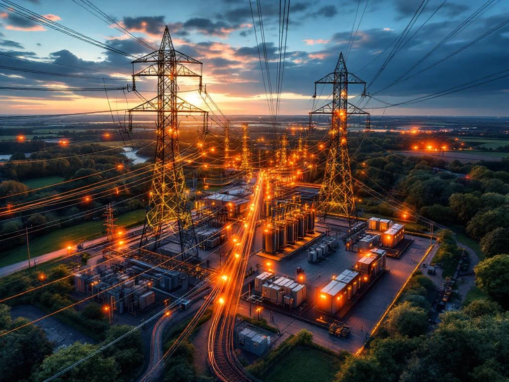 Hoogspanningsmasten en transformatorstation met oranje waarschuwingslichten die knelpunten in het elektriciteitsnet tonen