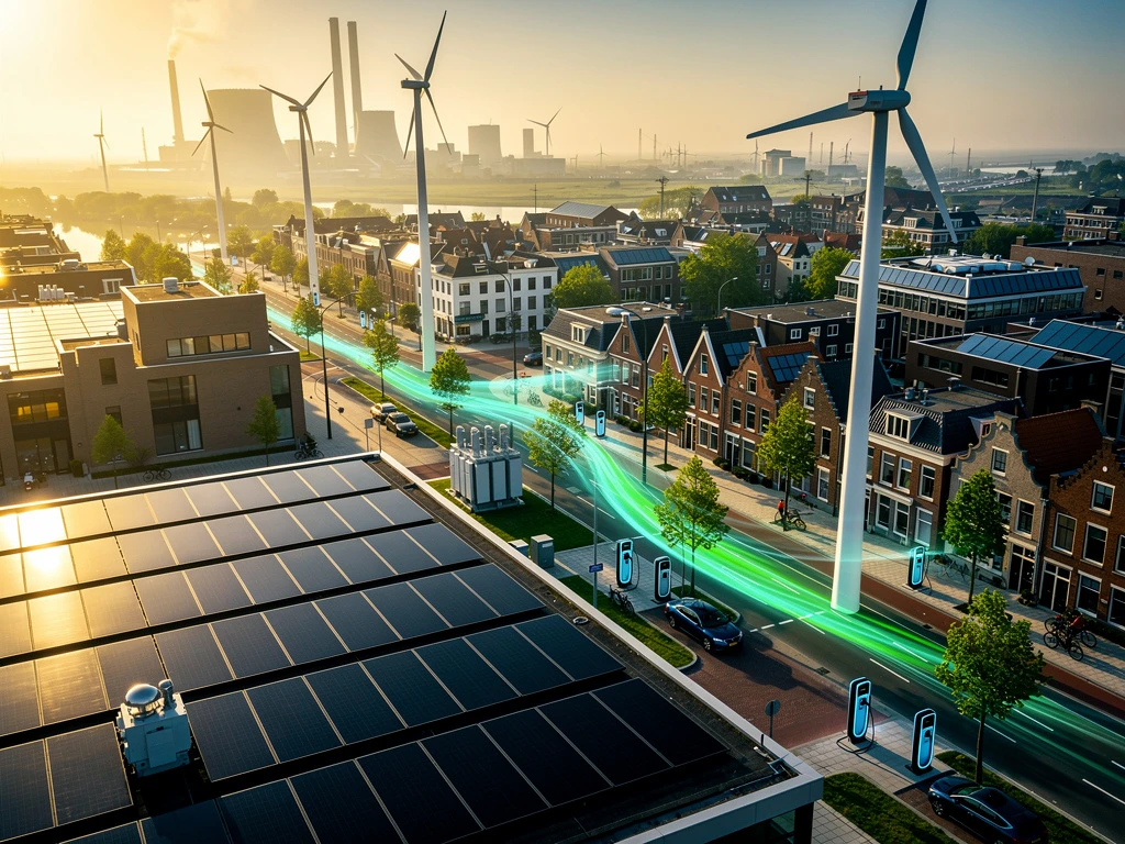 Luchtfoto Nederlandse stad met zonnepanelen, windturbines en laadstations voor elektrische auto's tijdens gouden uur