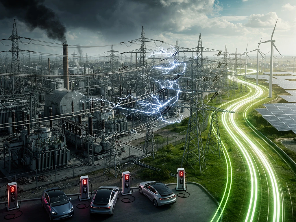 Overbelast elektriciteitsnet met vonkende hoogspanningslijnen naast stilstaande elektrische auto's en laadstations