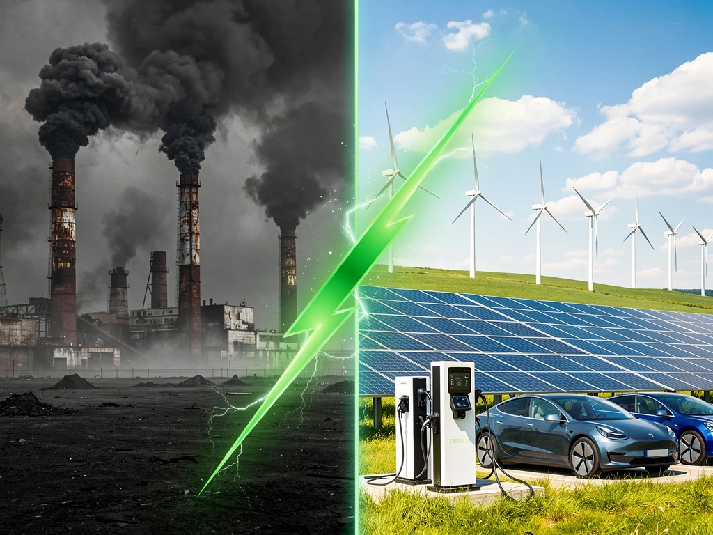 Energietransitie: vervuilende kolencentrales links versus schone windmolens en zonnepanelen rechts, verbonden door groene bliksem