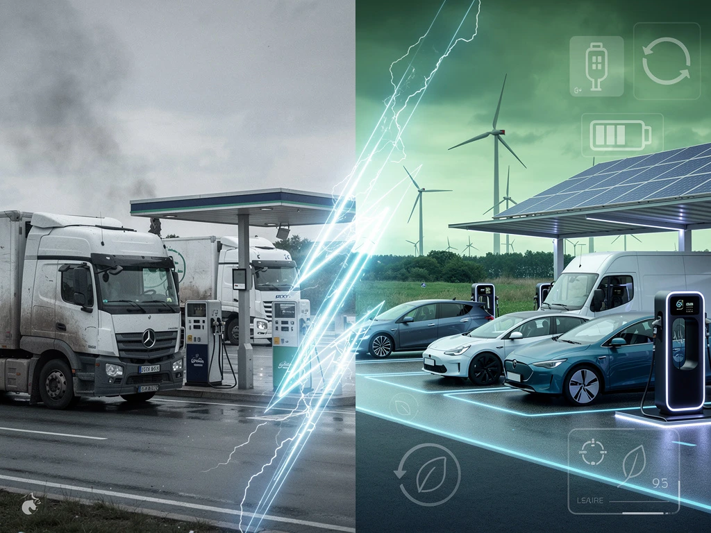 Split-screen vergelijking van traditionele dieseltrucks links en moderne elektrische voertuigen met oplaadstations rechts
