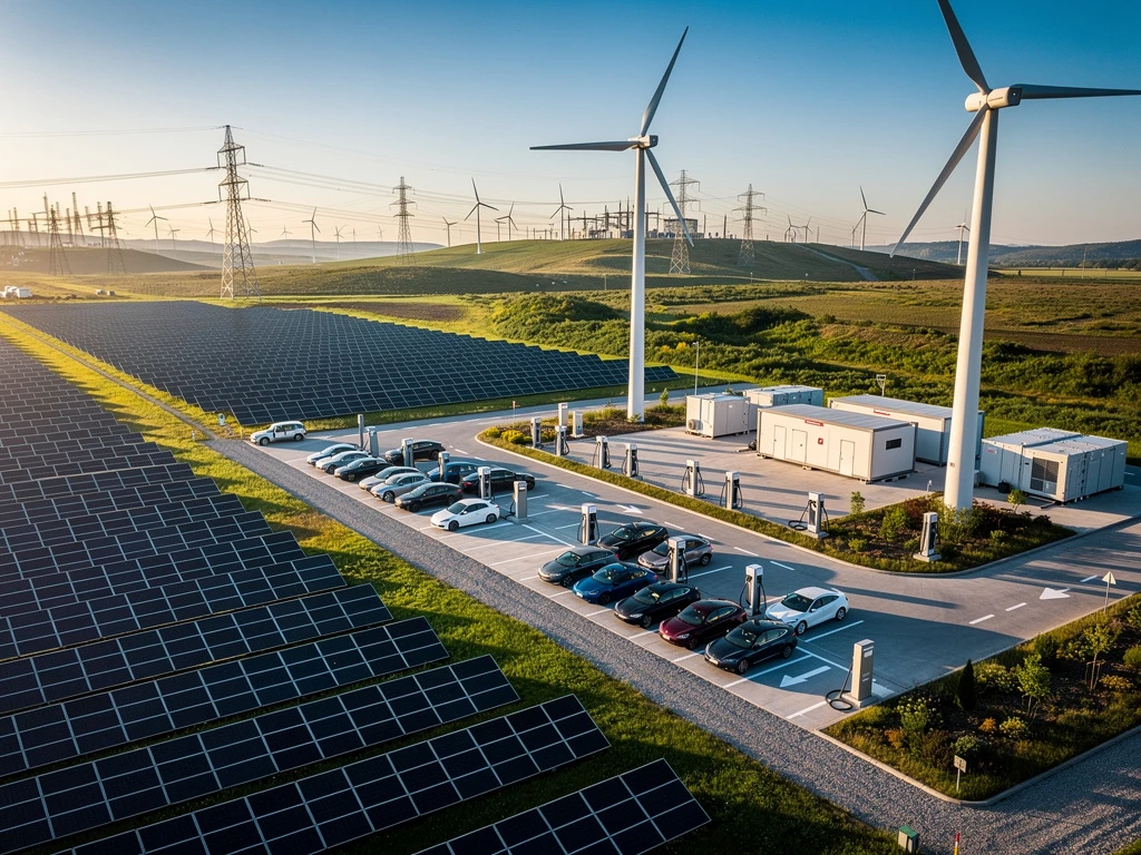 Luchtfoto van duurzame energie-infrastructuur met zonnepanelen, windturbines en elektrische laadstations