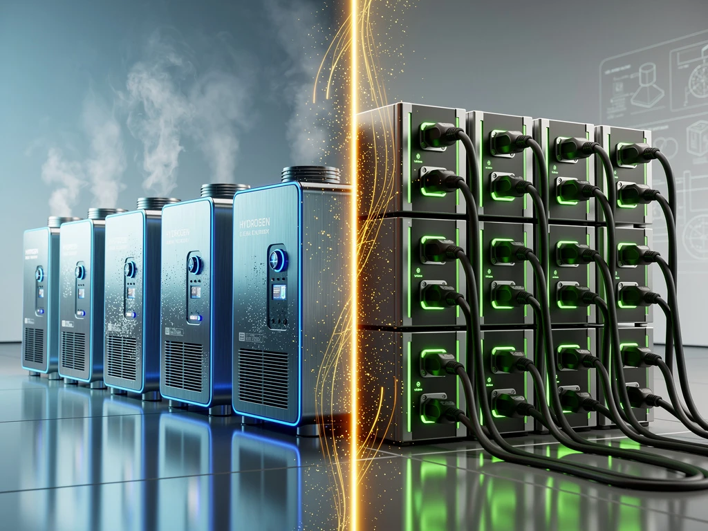 Vergelijking van waterstof brandstofcellen (links, blauw) en elektrische batterijmodules (rechts, groen) met gouden energiestroom
