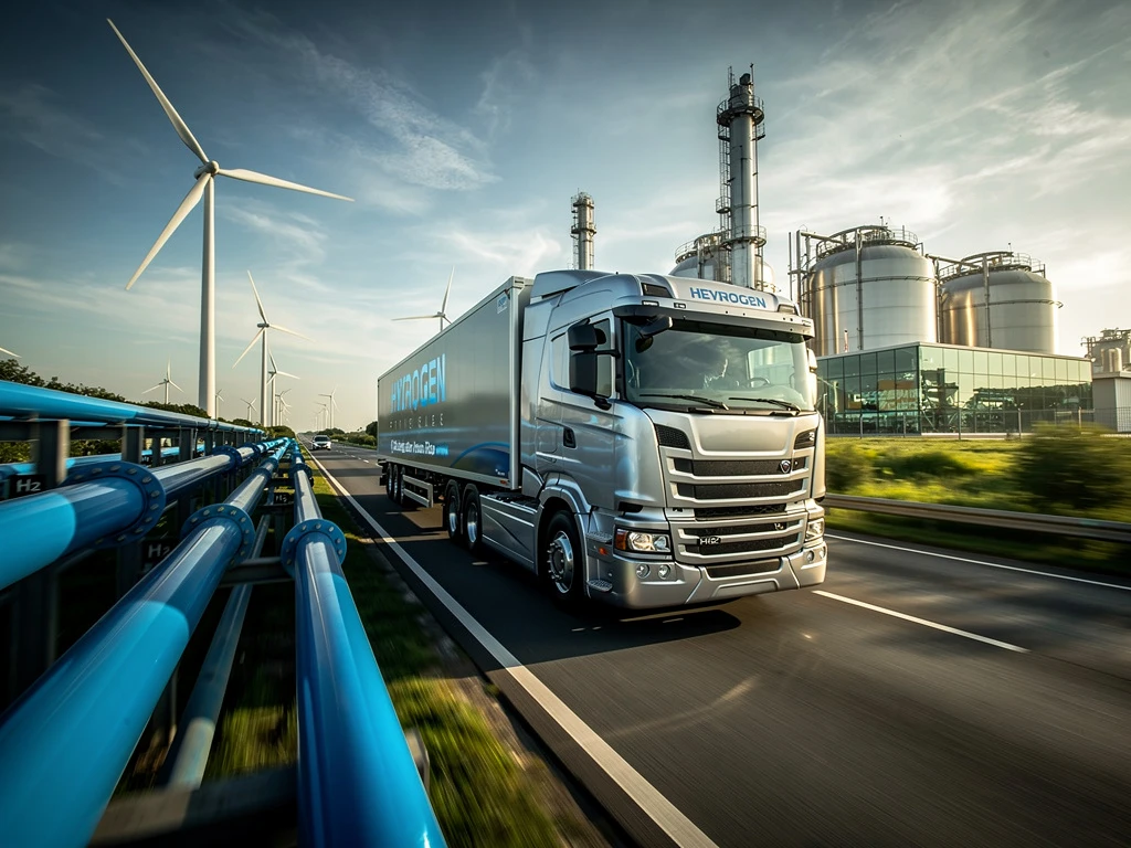 Zilveren waterstoftruck rijdt op moderne snelweg met blauwe pijpleidingen en windturbines op de achtergrond