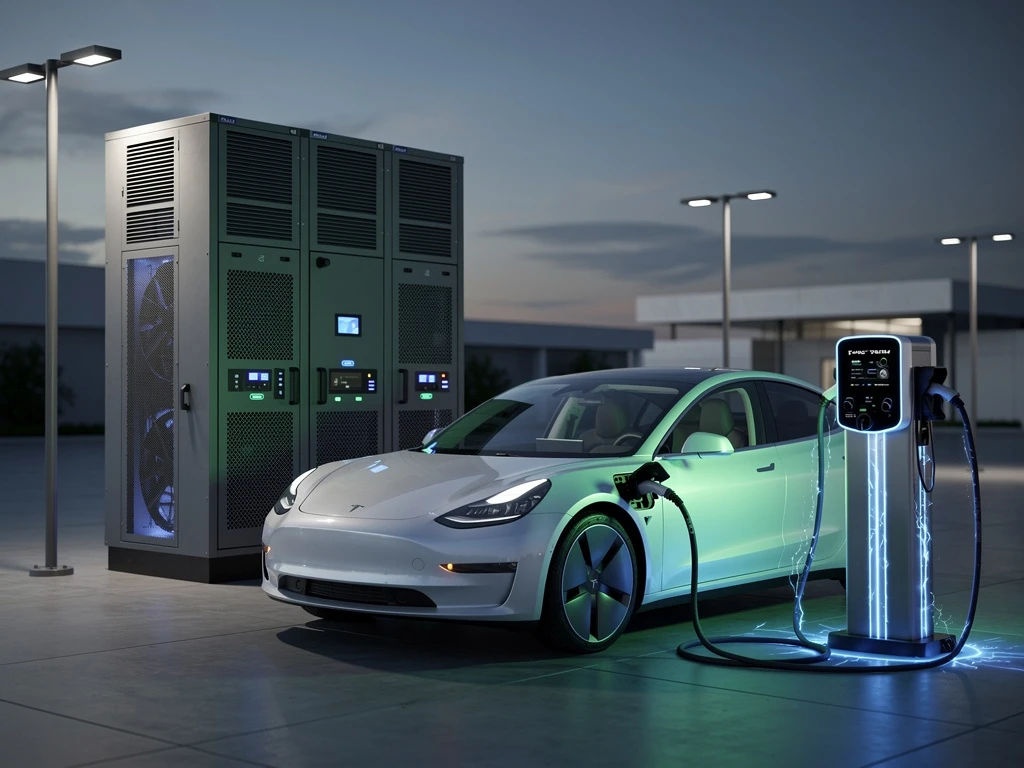 Witte elektrische auto aan snellaadstation met grote grijze batterij-opslagsysteem en blauwe energie-effecten