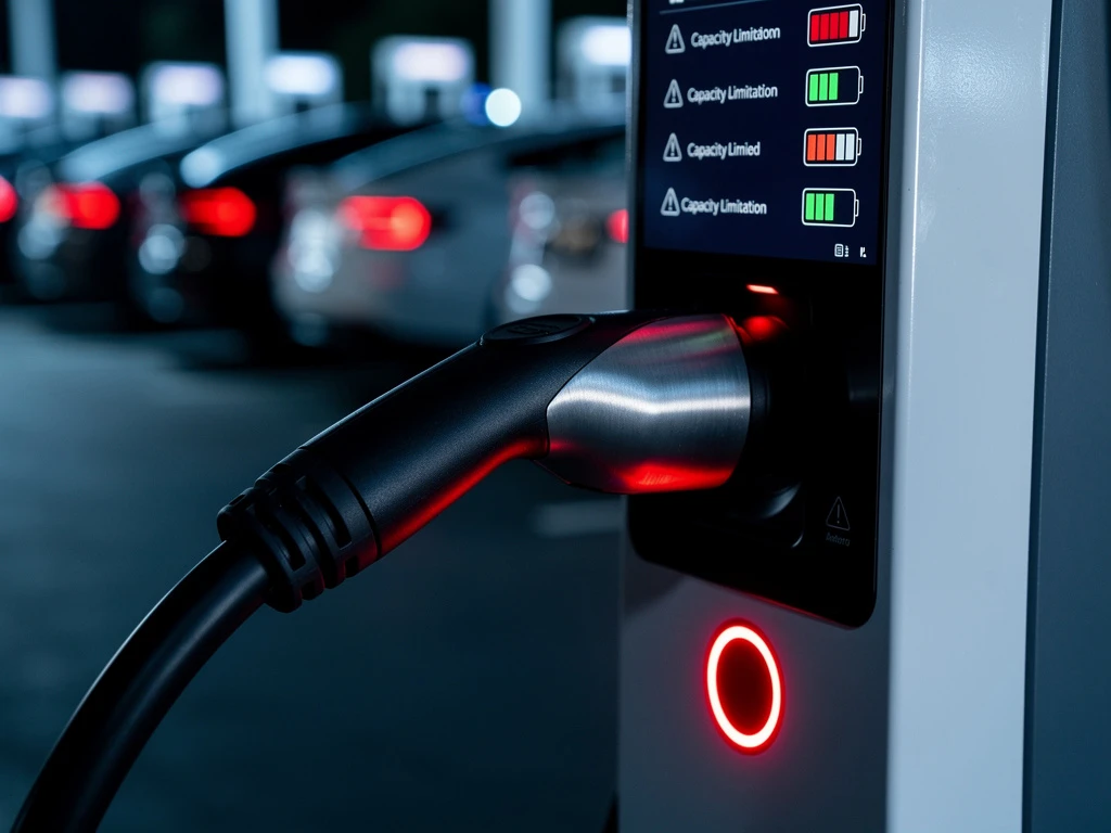 EV-laadpoort met rode waarschuwingslamp en beperkte batterijcapaciteit op scherm, wachtende elektrische auto's op achtergrond