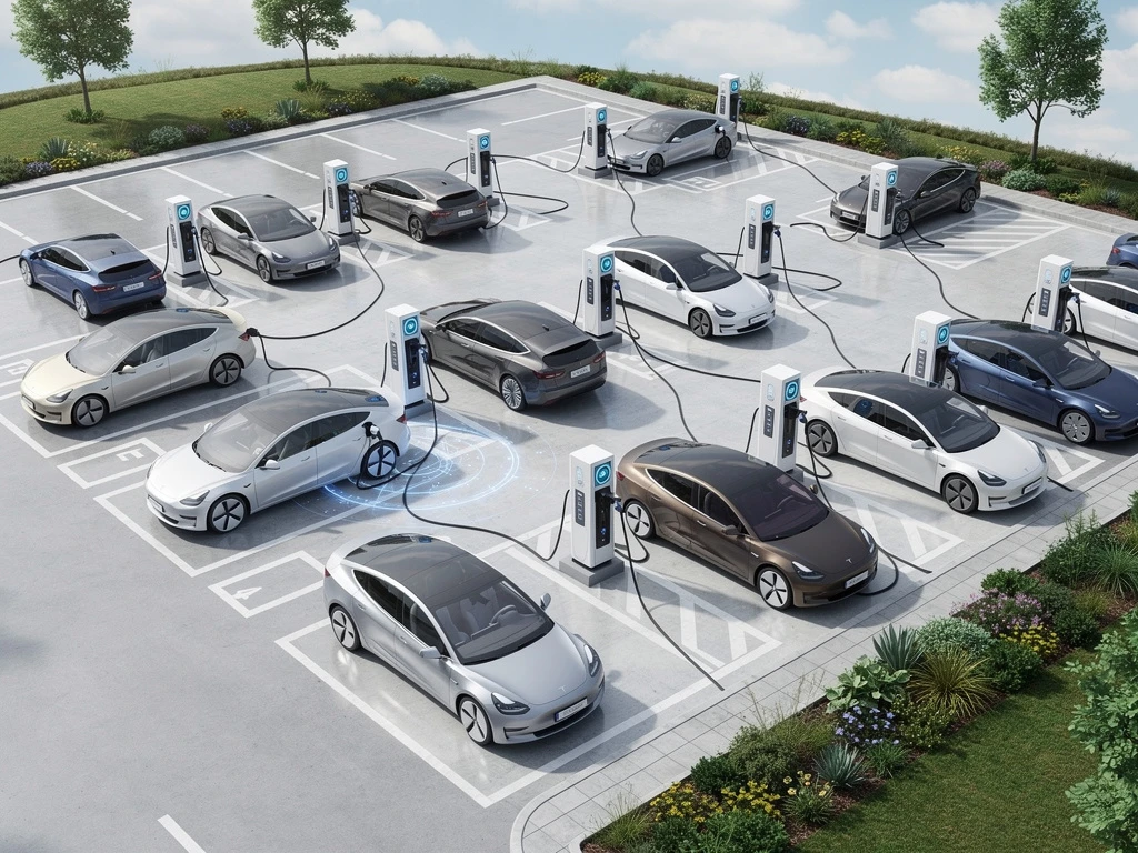 Moderne elektrische laadstations met witte laadpalen in rasterpatroon, elektrische auto's opladen met blauwe LED-indicatoren