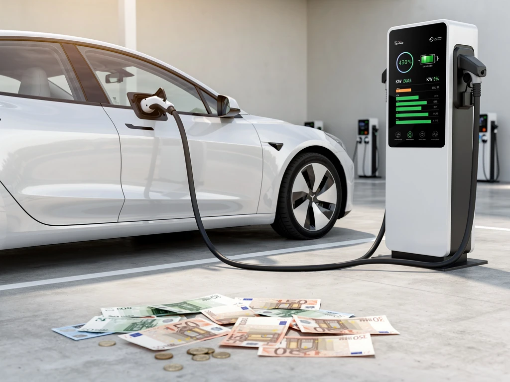 Witte elektrische auto bij laadstation met eurobankbiljetten en munten op voorgrond, symboliseert kosten duurzame mobiliteit
