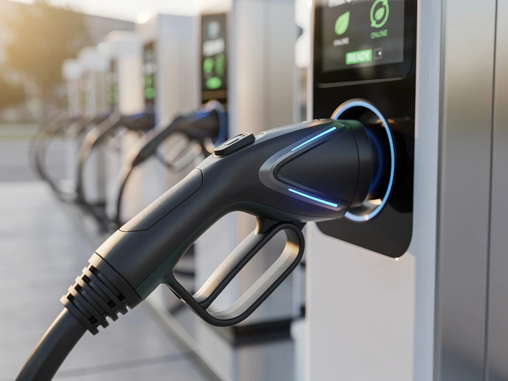 Moderne elektrische laadpaal met blauwe LED-indicatoren en laadkabel op voorgrond, rij snellaadstations op achtergrond