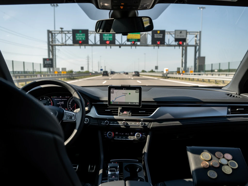 Moderne auto rijdt onder digitale tolpoort op snelweg, dashboard met elektronisch apparaat en euromuntjes op passagiersstoel