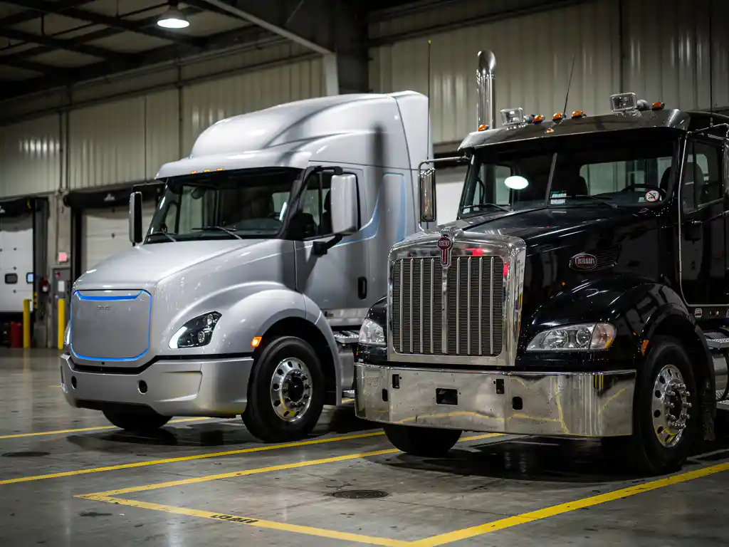 Moderne elektrische vrachtwagen naast traditionele dieseltruck op industriële laadkade met gele veiligheidslijnen