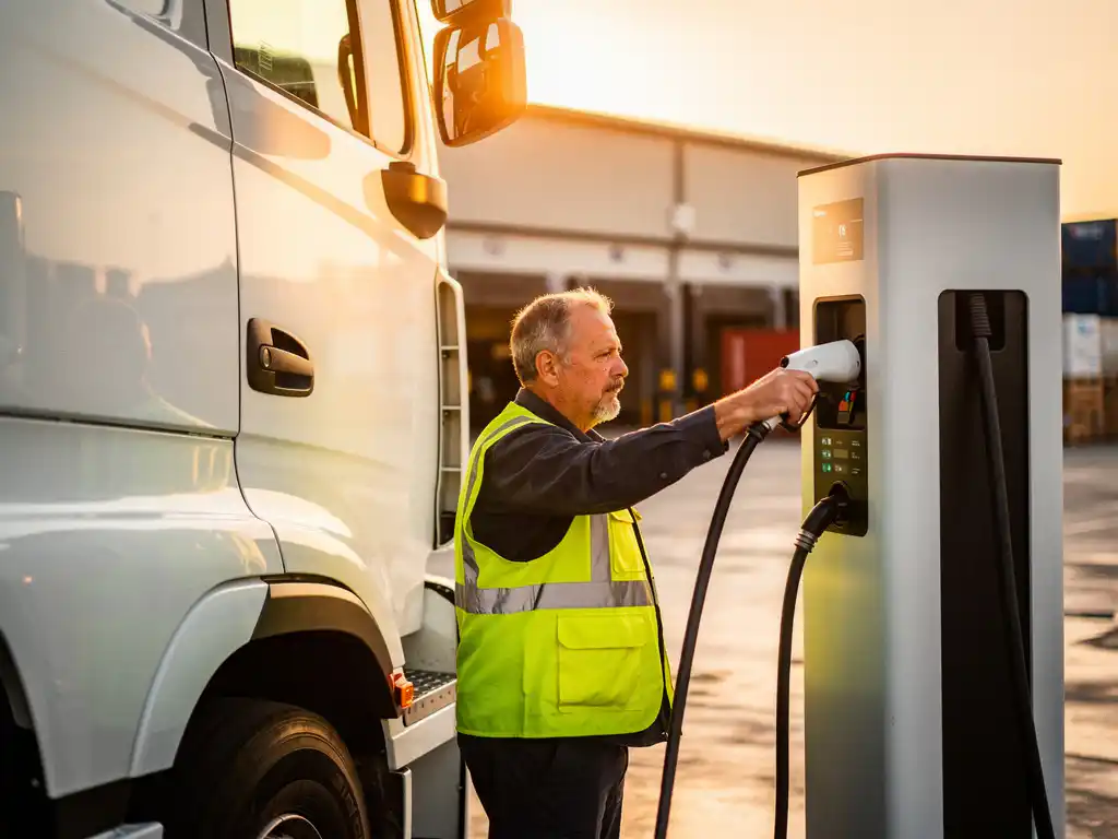 Professionele vrachtwagenchauffeur in veiligheidsvest controleert laadpoort van witte elektrische vrachtwagen bij laadstation