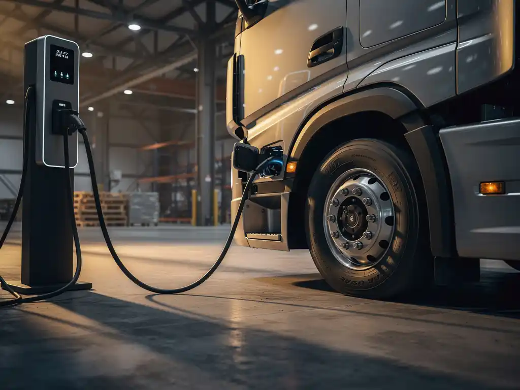 Grote elektrische vrachtwagen aangesloten op snellaadstation in industriële omgeving met dramatische verlichting