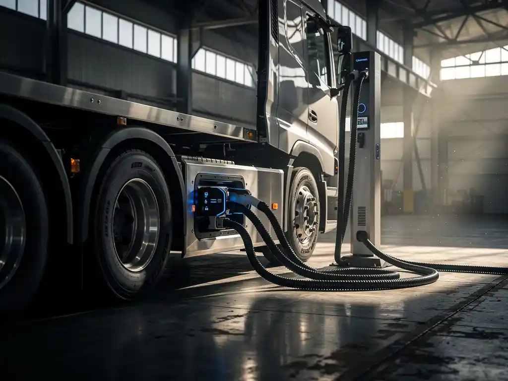 Grote elektrische vrachtwagen aangesloten op laadstation met blauwe LED-indicatoren in industriële loods