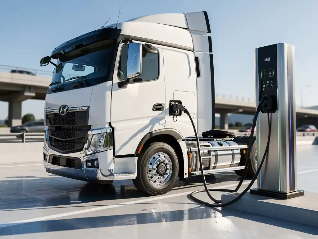 Witte elektrische vrachtwagen aangesloten op laadstation met dikke laadkabel, betonnen oppervlak, daglicht