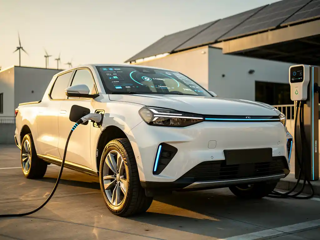 Witte elektrische vrachtwagen aan moderne laadpaal met blauwe LED-indicatoren, zonnepanelen op achtergrond