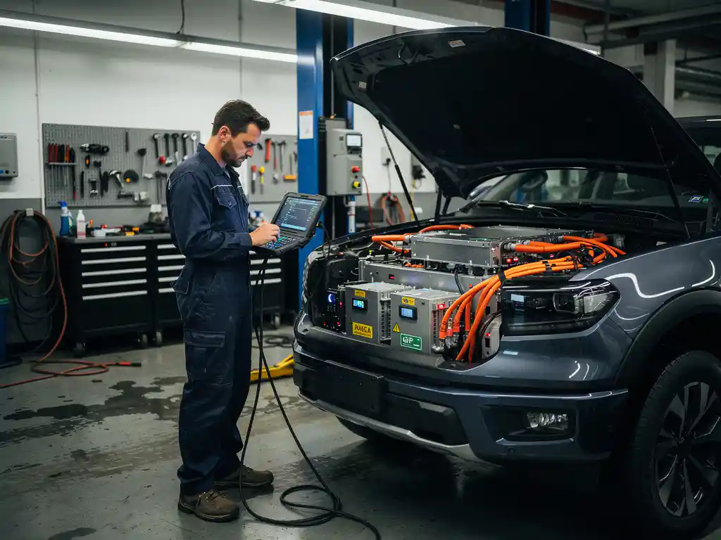 Monteur onderzoekt diagnostische apparatuur aangesloten op elektrische vrachtwagen met open motorkap in werkplaats