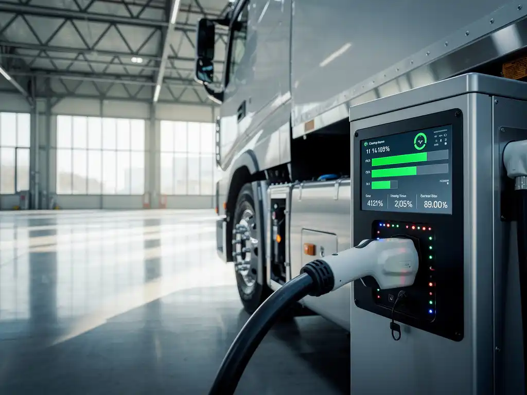 Grote elektrische vrachtwagen laadt op bij industrieel laadstation met digitaal display in moderne magazijnhal