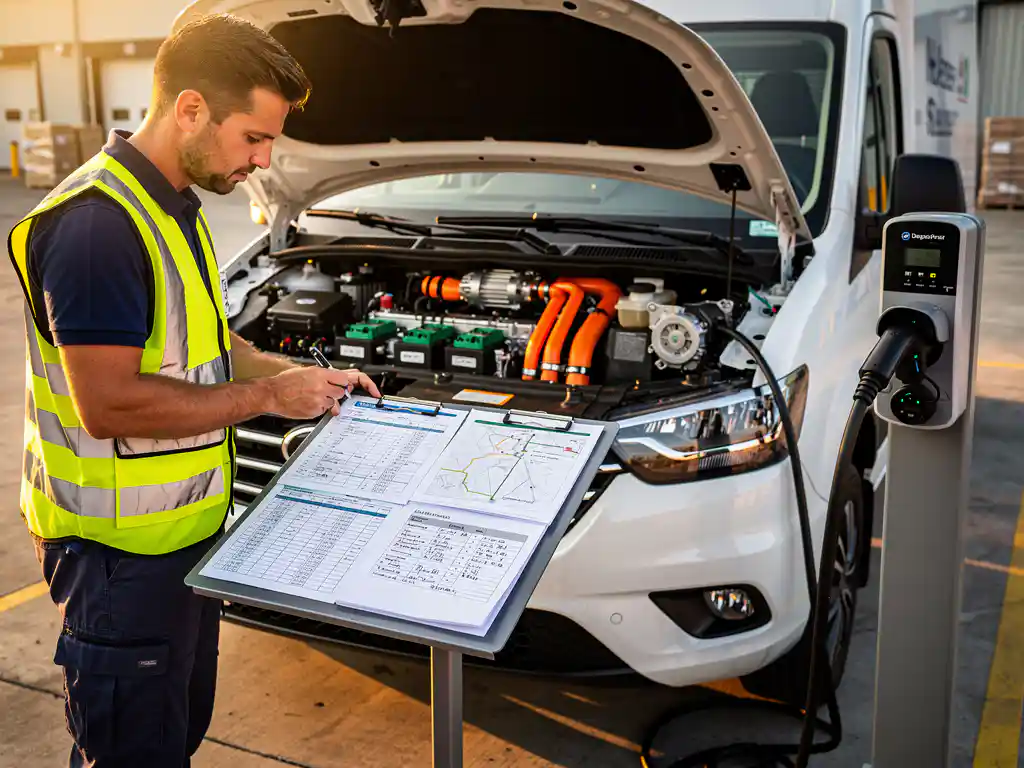 Elektrische bestelwagen aan laadstation met vlootmanager die planningsdocumenten bekijkt bij zonsondergang