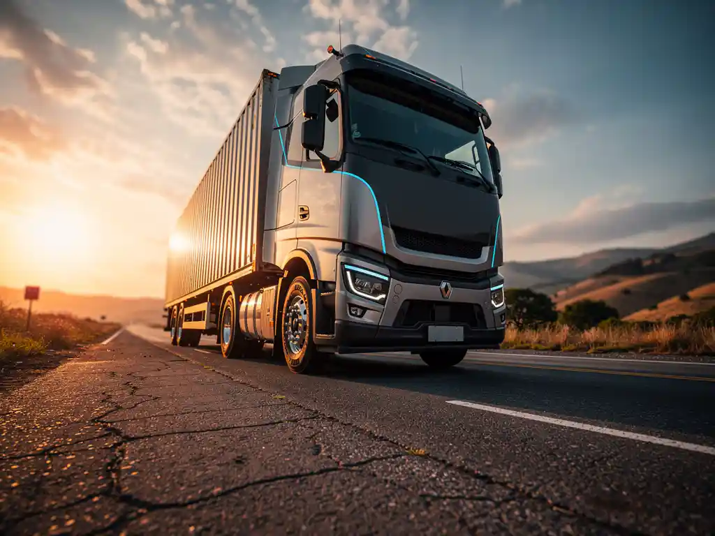 Elektrische vrachtwagen met geladen trailer op snelweg tijdens gouden uur, lage hoek toont kracht en capaciteit
