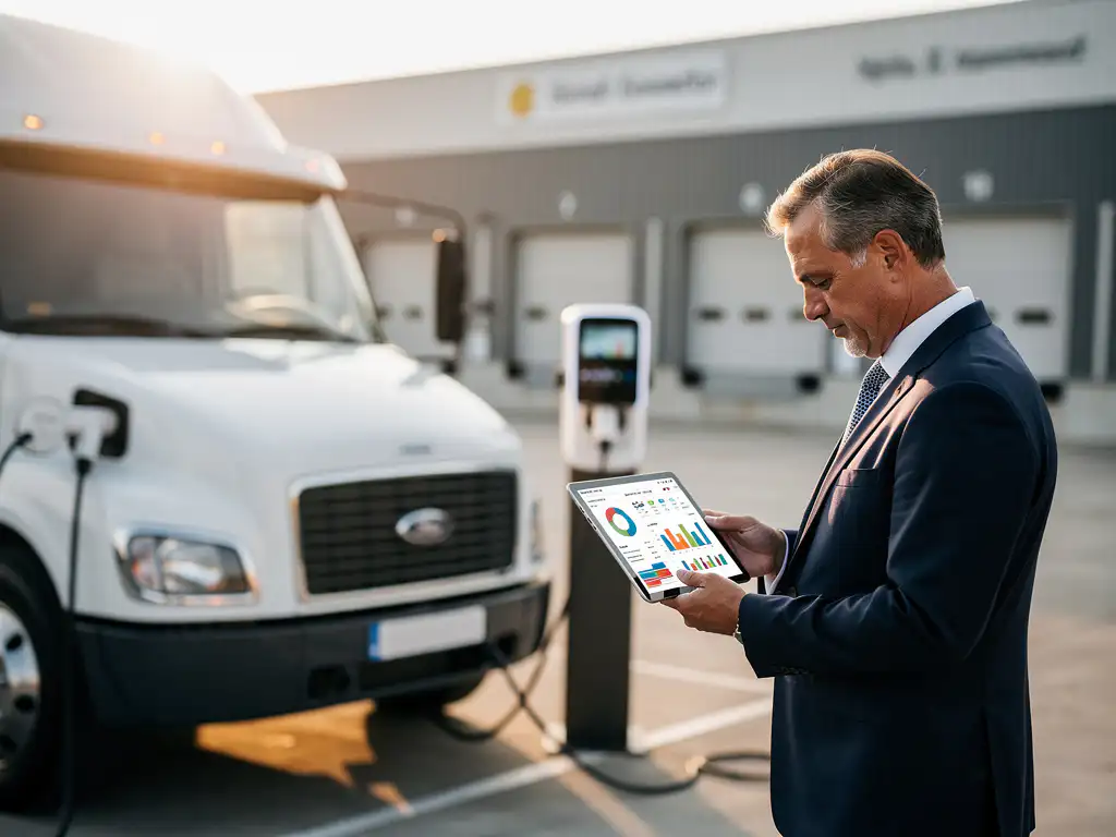 Zakenman bekijkt gegevens op tablet naast witte elektrische vrachtwagen bij laadstation in industriële omgeving