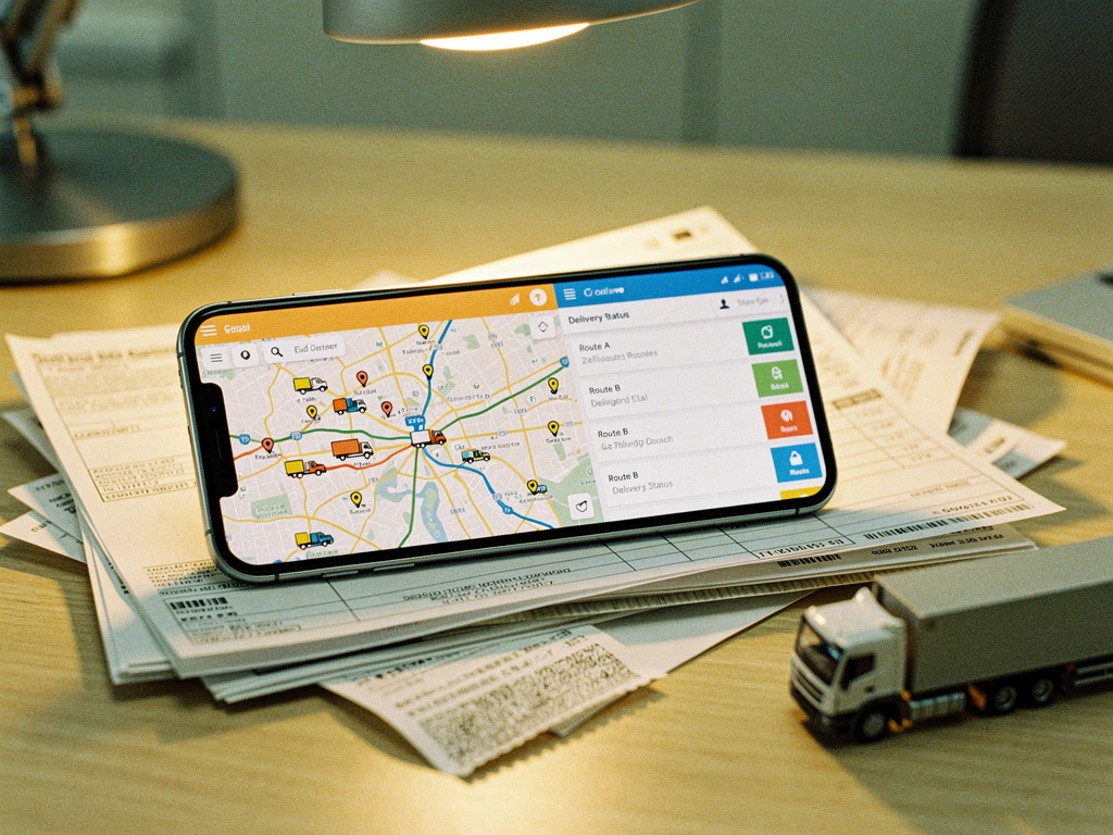 Smartphone met logistiek dashboard en vrachtwagen routes op stapel papieren facturen en tolbonnen met speelgoedvrachtwagen