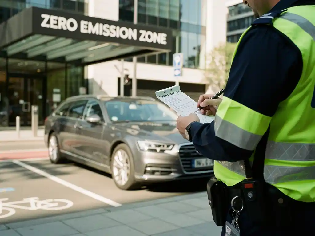 Parkeerboete agent schrijft bekeuring voor auto in zero-emissiezone, moderne Europese stadsstraat op achtergrond