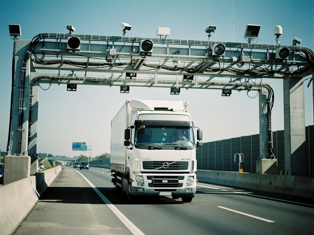 Vrachtwagen rijdt onder elektronische tolpoortry met camera's en sensoren op snelweg bij daglicht