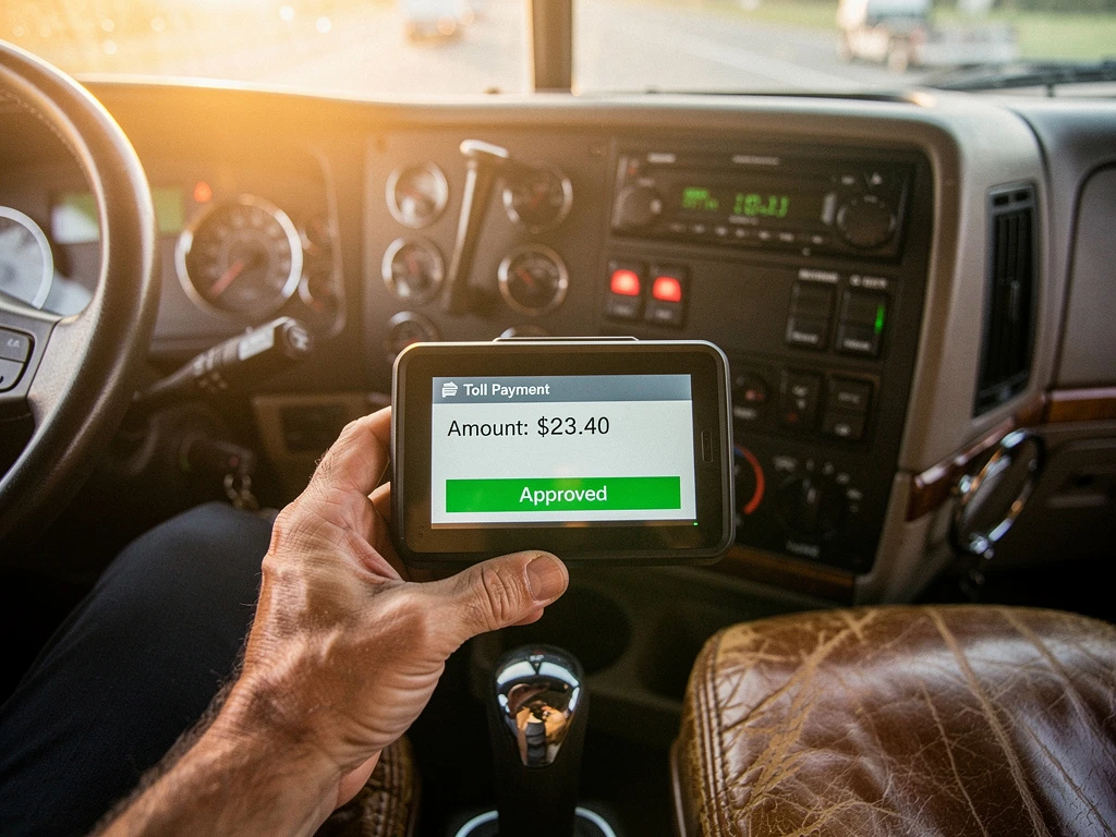 Vrachtwagenchauffeur houdt digitaal tolbetaalapparaat vast in cabine van commerciële truck, dashboard zichtbaar