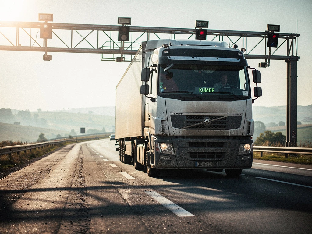 Grote vrachtwagen rijdt op Europese snelweg onder elektronische tolpoort met sensoren en camera's