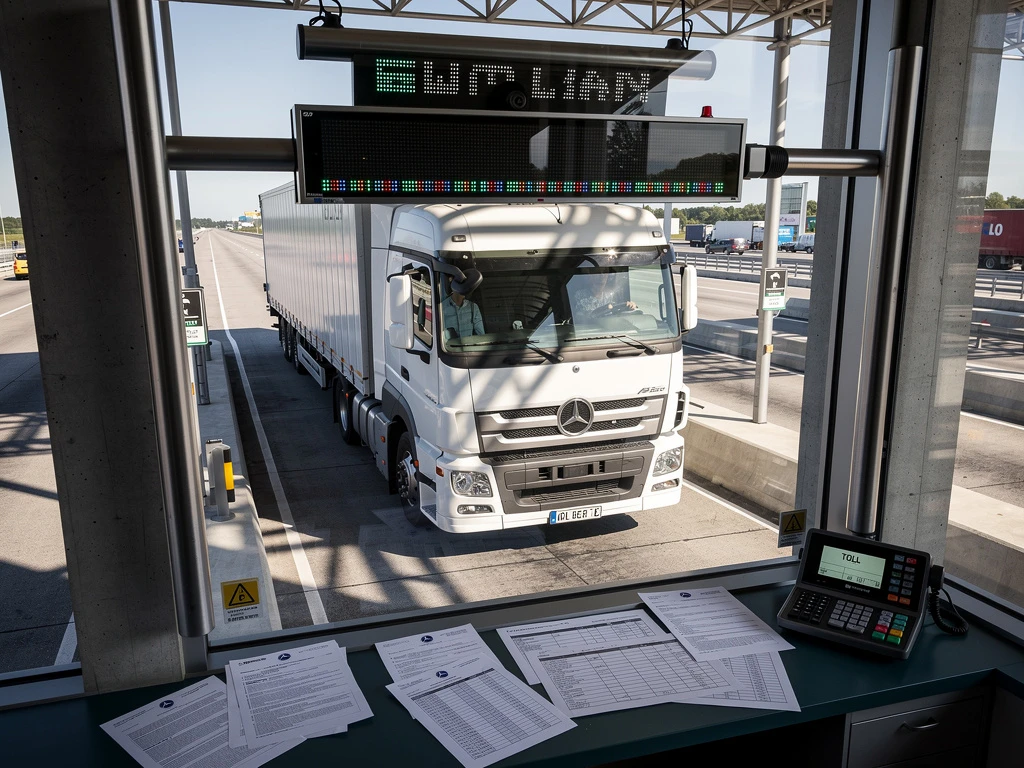 Grote vrachtwagen bij moderne tolpoort met elektronisch tolsysteem en documenten op balie van tolbediende