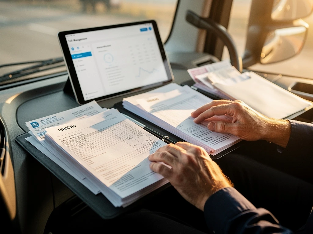 Vrachtwagenchauffeur organiseert administratieve documenten op dashboard met digitale tolbeheersoftware op tablet